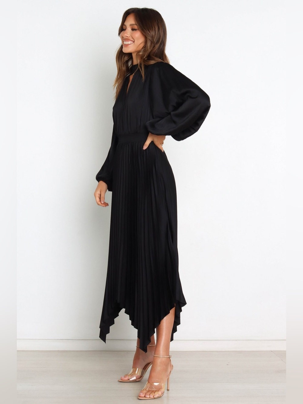 NEW Petal & Pup Eloise Black Pleated Satin Maxi Dress Wedding Guest Formal - Picture 5 of 11